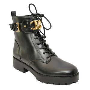 Michael Kors Kincaid Leather Combat Boot Lace Up Bootie Black/Gold All Sizes Nib